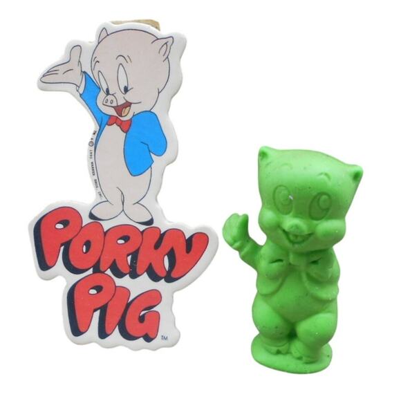 Vintage Porky Pig Lot: Green 1984 Diener Pencil Eraser & 1990 Pin Looney Tunes - Picture 1 of 4
